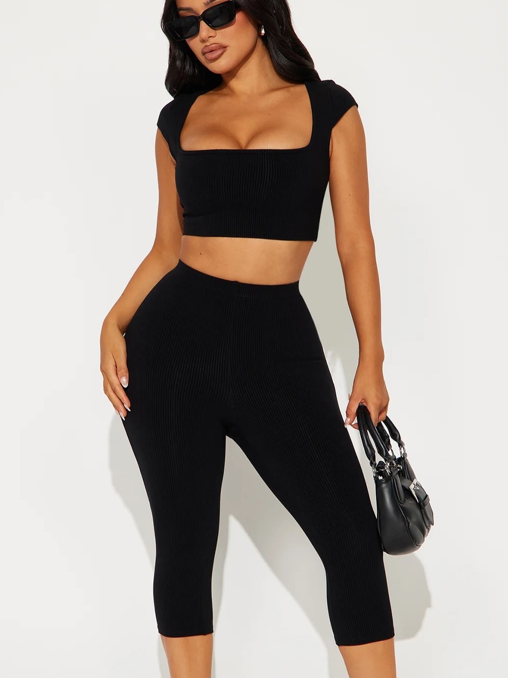 NWOT Fashion Nova Black Snatched High-Waist Capris Two-Piece Set